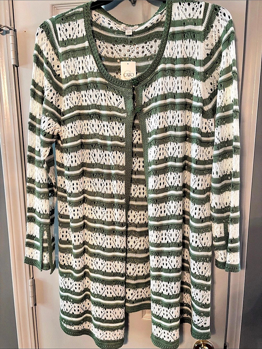 Cato Flower Button Neck Green & White Open Cardigan NWT